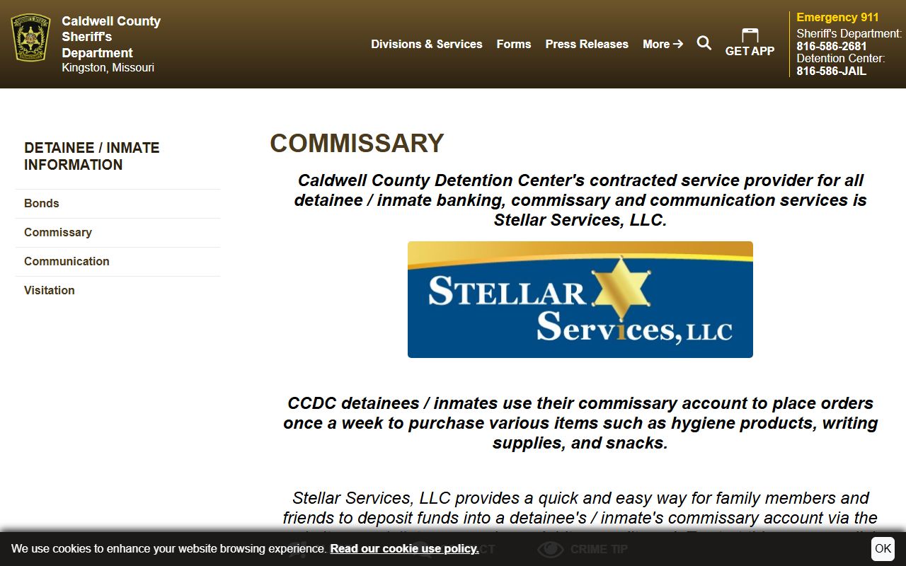 Caldwell County Detention Center inmate commissary and deposit instructions for Carroll County