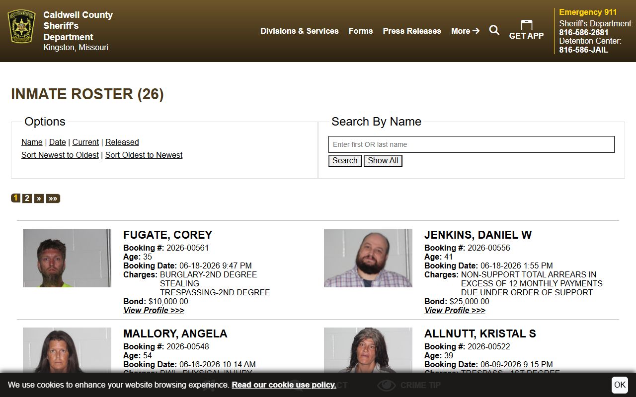 Caldwell current roster fields used for Carroll County inmate lookup