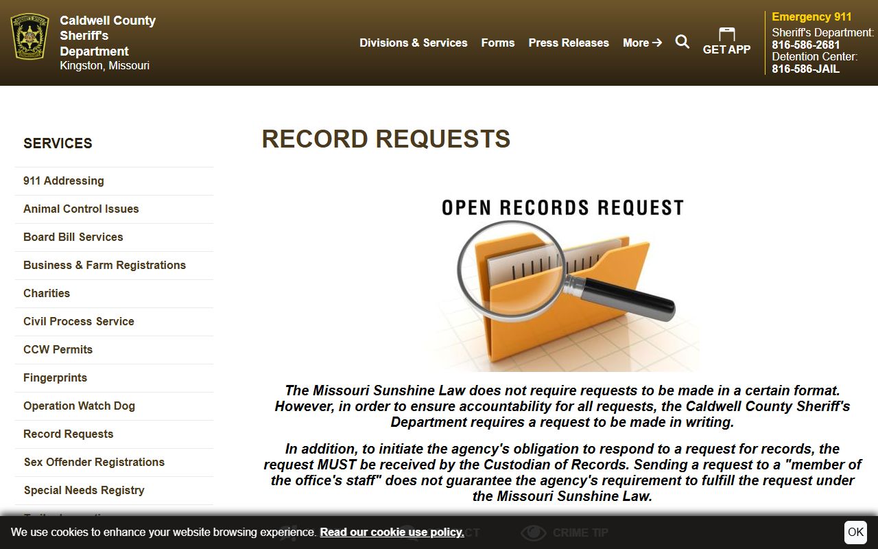 Caldwell records request page for Carroll County regional jail records