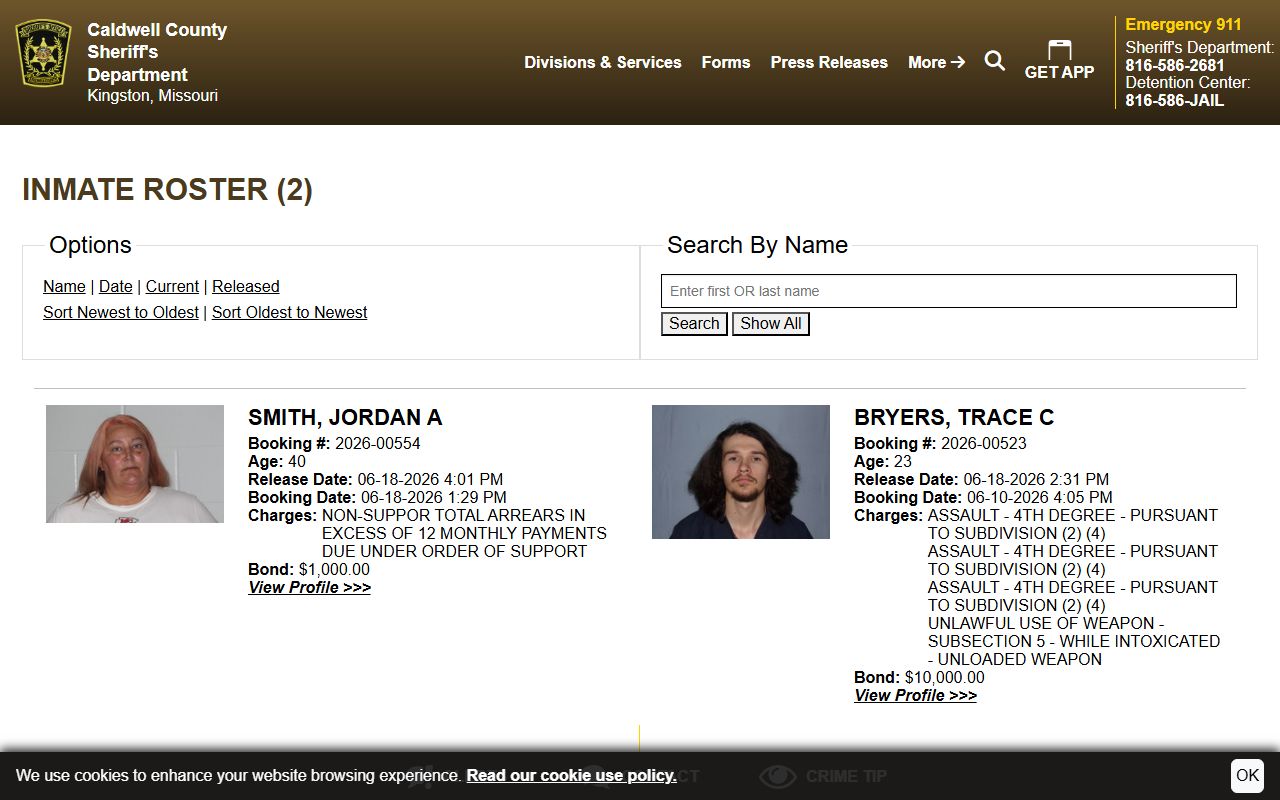 Caldwell 48-hour release roster for Carroll County inmate records
