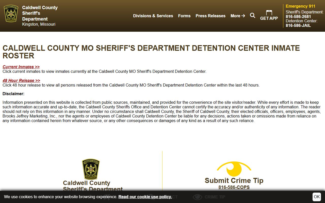 Caldwell County Detention Center roster landing page for Carroll County inmate population searches